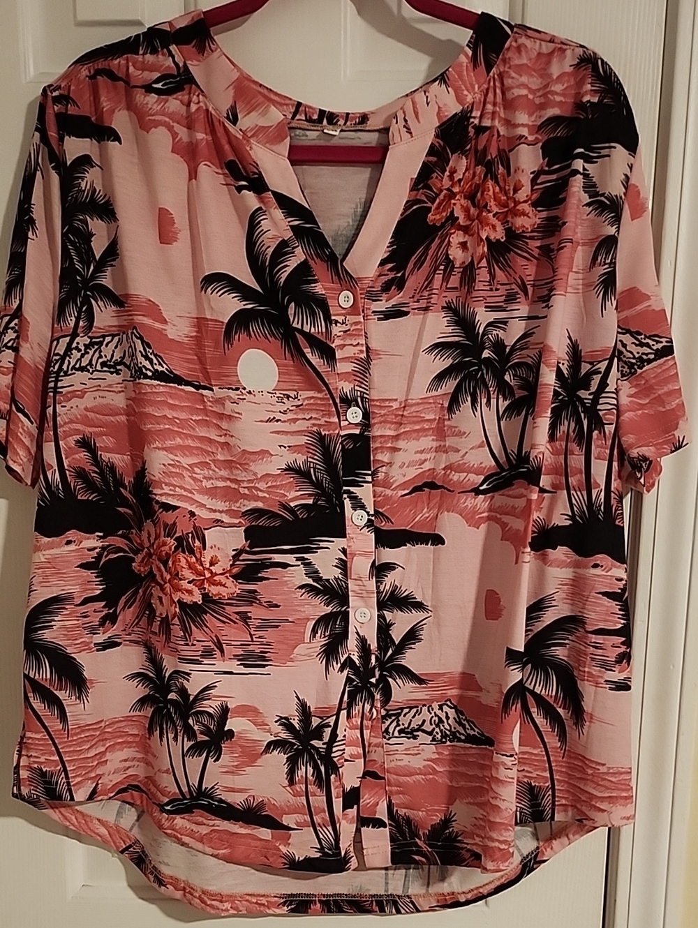 Womens Pink Tropical Button-Front Top Short Sleeve